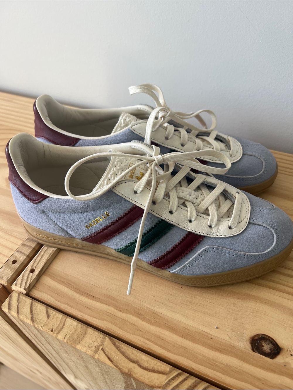 adidas Suede Sneakers in Light Blue with Burgundy & Green Stripes
